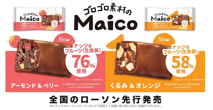 有楽製菓、「Maico アーモンド&ベリー」「Maico くるみ&オレンジ」をローソンで先行発売