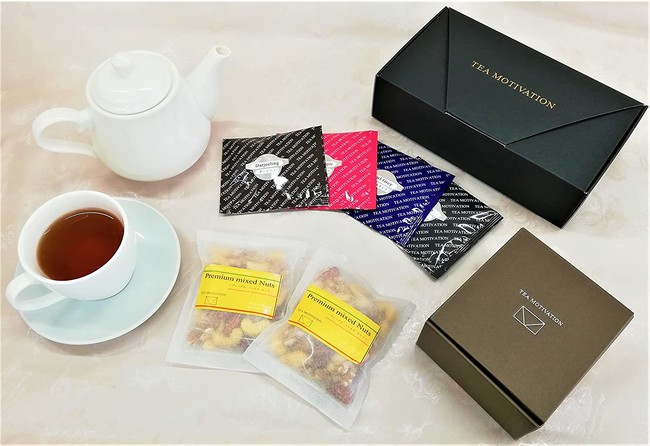 タチバナ産業、TEA MOTIVATION 紅茶4種アソート11包 オリジナルラベル付き プレミアムミックスナッツ ギフトセット を発売