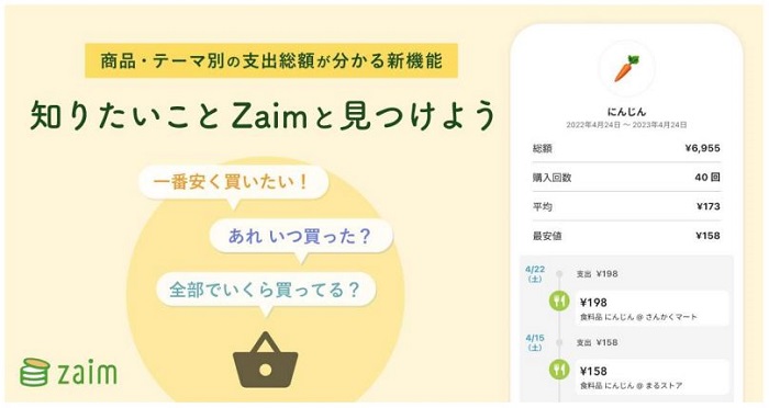Zaim、家計簿サービス「Zaim」で商品・テーマ別の支出総額が分かる機能「見つける」をリリース