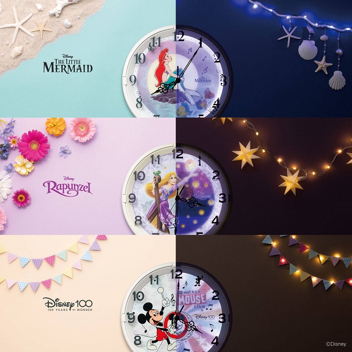 リズム、ディズニーキャラクターの暗所自動点灯掛時計を発売