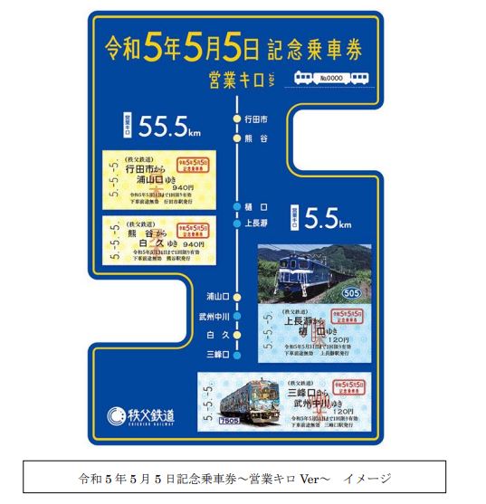秩父鉄道、「5」が揃うことを記念した令和5年5月5日記念乗車券2種類を販売開始