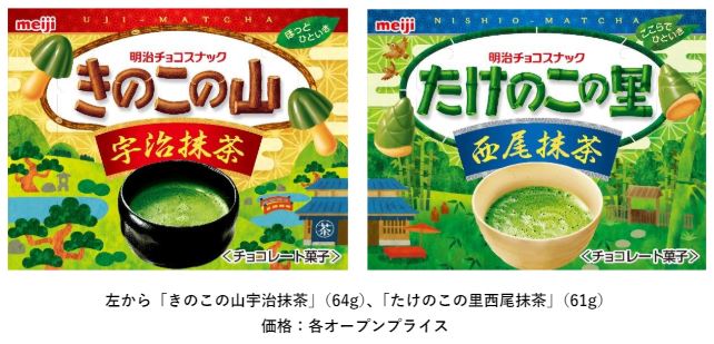 明治、2種の本格的な抹茶を使用した「きのこの山宇治抹茶」と「たけのこの里西尾抹茶」を発売