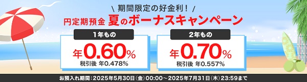 楽天銀行、「円定期預金 夏のボーナスキャンペーン」を実施
