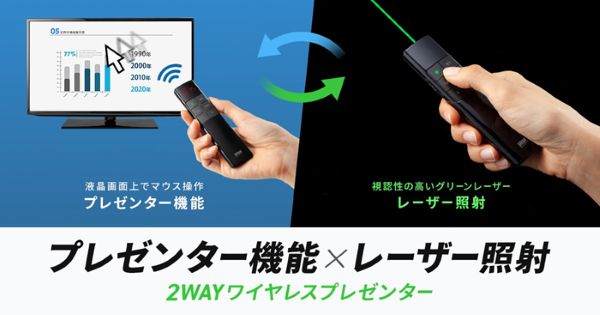 サンワサプライ、レーザー照射とプレゼンター機能に対応する2WAYワイヤレスプレゼンター「MA-WPR17BK」を発売